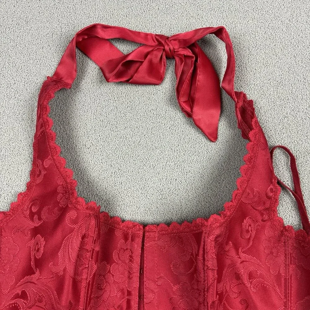 Fredericks Of Hollywood Dream Brocade Halter Corset Sz 36 Red Lace Up